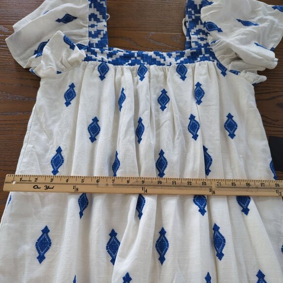 Lulus Mykonos Moment white blue Embroidered linen shift mini dress‎ size M - Picture 12 of 16